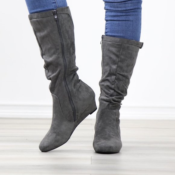 Grey Faux Suede Round Toe Low Kitten Wedge Heel Mid Calf Boots - Picture 11 of 12